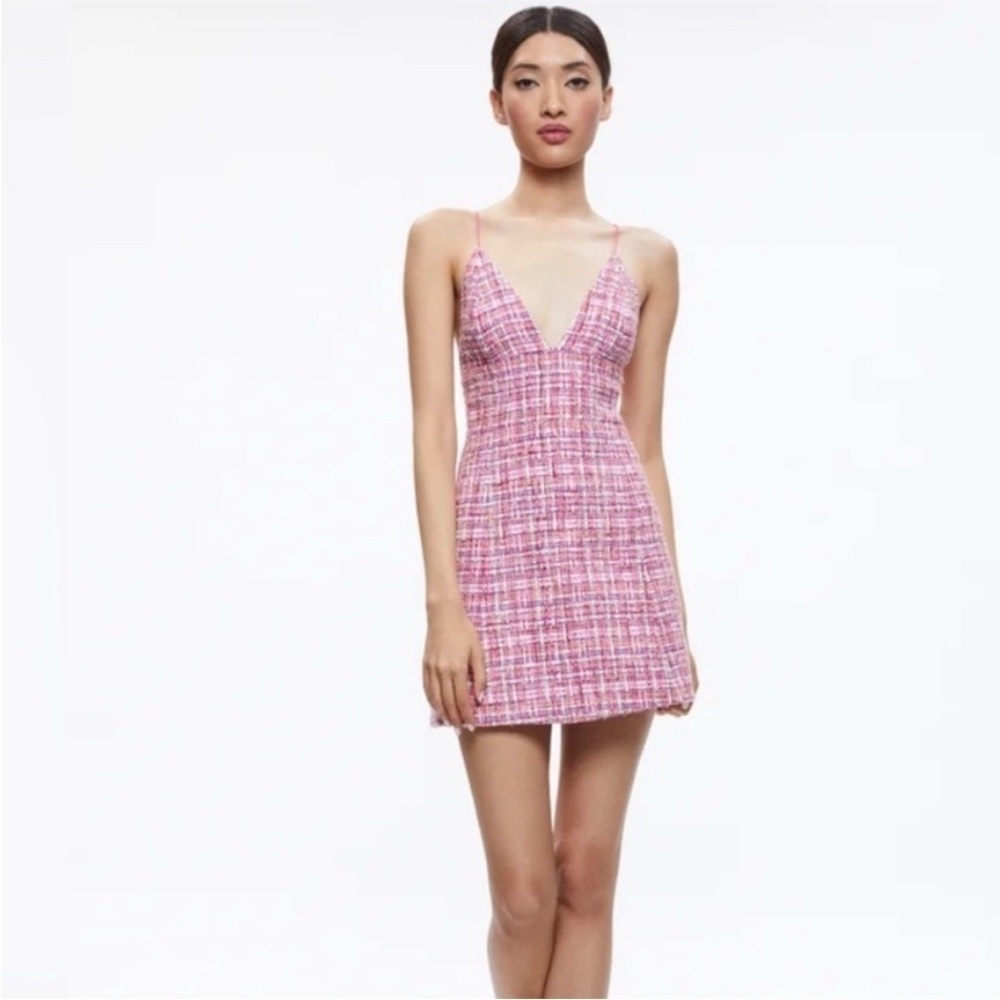 NWT Alice + Olivia Carli Tweed Strappy Mini Pink Dress Size 10